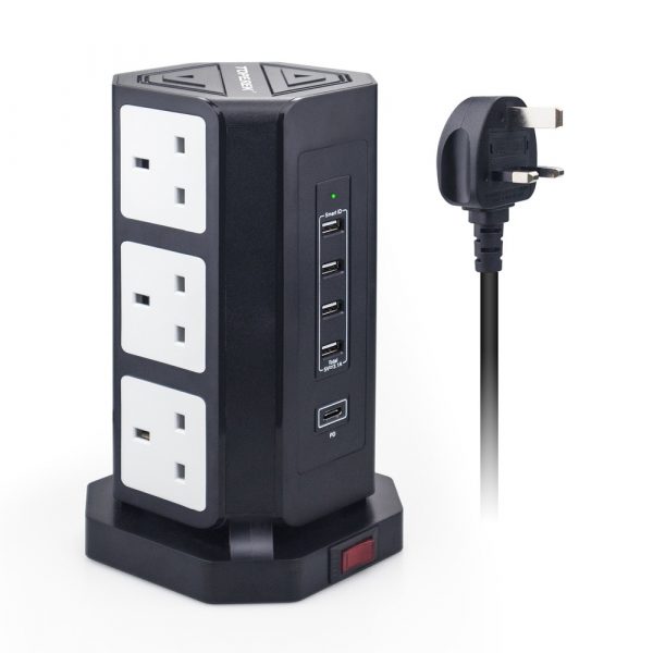 Tower Power Strip Surge Protector UK Plug Outlets Vertical Socket USB Charging Port Type C 1.8m Extenstion Cord Home Office